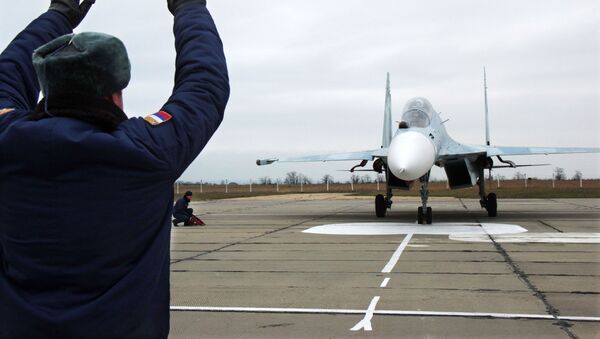 Một trong những chiếc Su-27 tại sân bay Belbek ở Crimea. - Sputnik Việt Nam