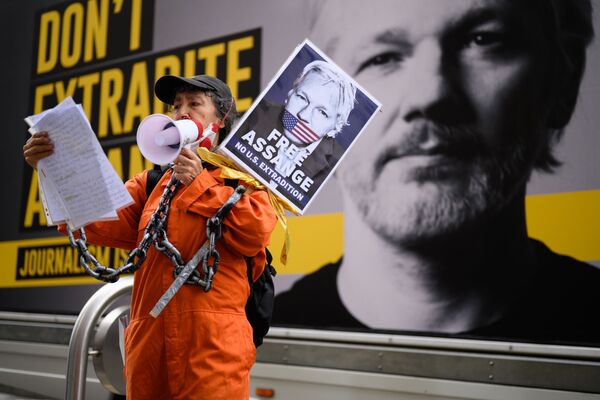 Người ủng hộ Julian Assange trong cuộc biểu tình chống lại việc dẫn độ Julian Assange ở London, Vương quốc Anh - Sputnik Việt Nam