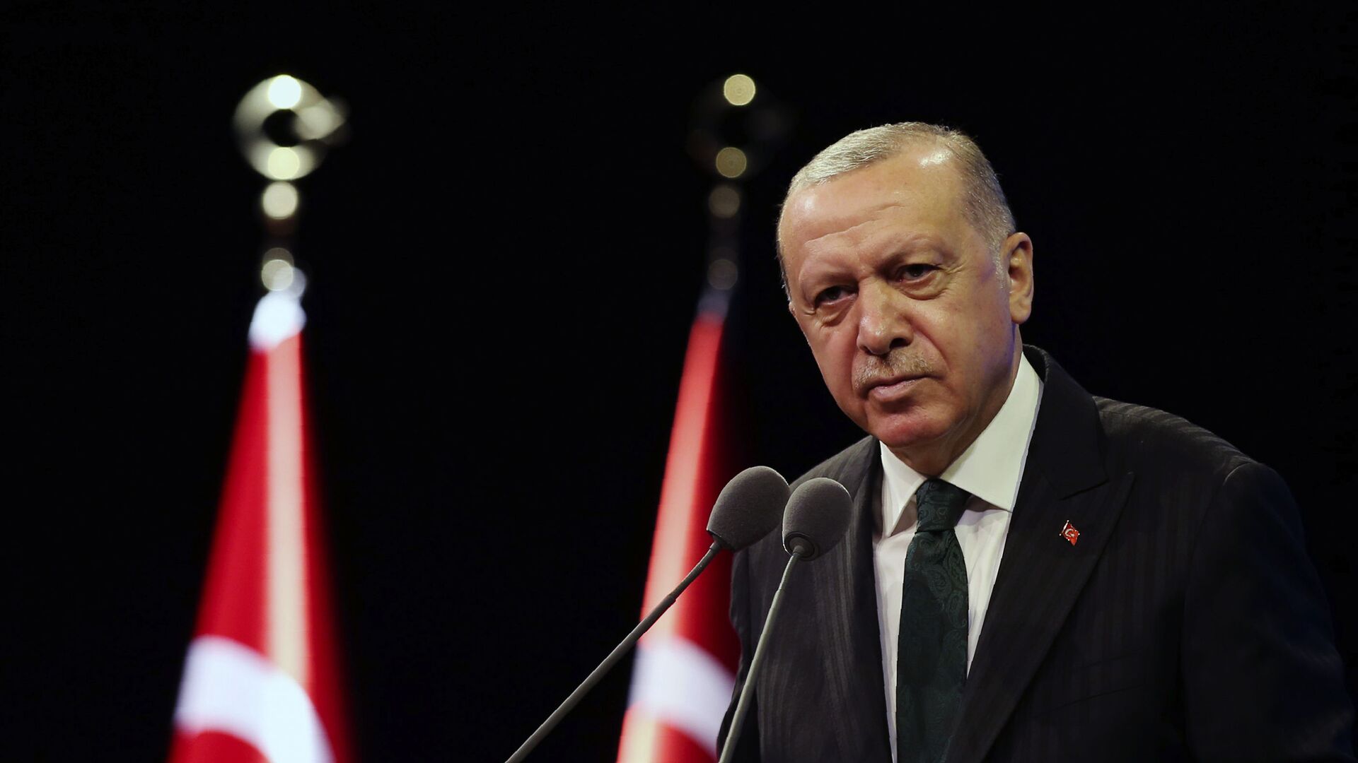 Tổng thống Thổ Nhĩ Kỳ Recep Tayyip Erdogan phát biểu tại dinh thự tổng thống ở Ankara - Sputnik Việt Nam, 1920, 19.01.2022