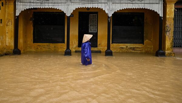 Người phụ nữ trên đường phố ngập nước lụt ở Việt Nam - Sputnik Việt Nam