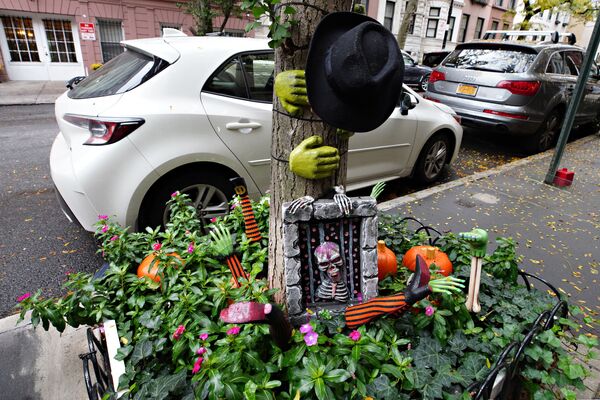 Trang trí Halloween cho cây cối trên con phố ở khu Upper East Side, New York, Mỹ - Sputnik Việt Nam