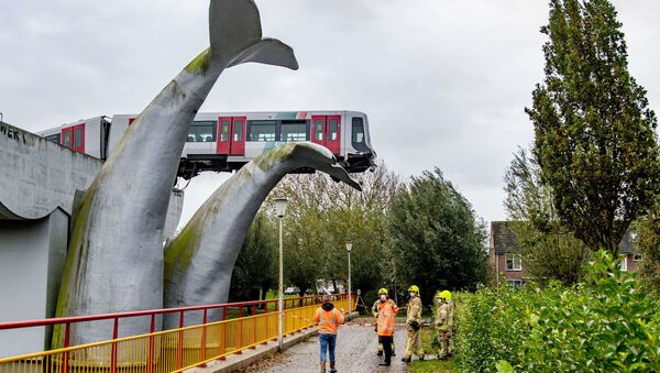 Đoàn tàu mắc kẹt vào tác phẩm điêu khắc Đuôi cá voi ở thành phố Speikeniss, Hà Lan. - Sputnik Việt Nam