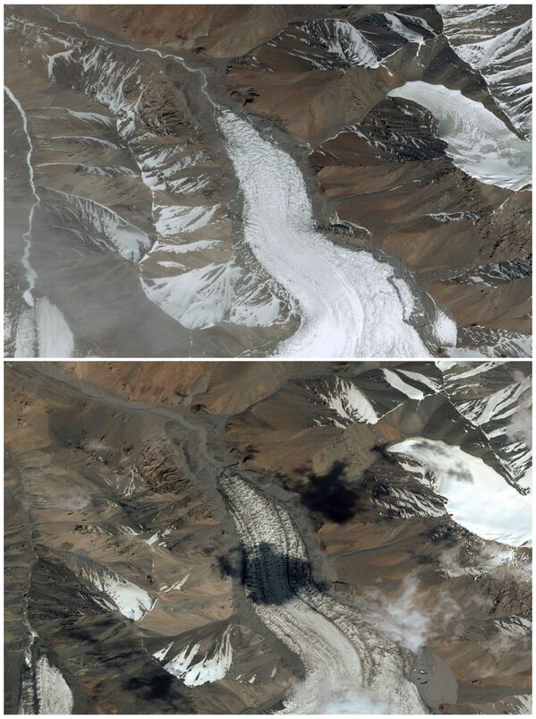 Tổ hợp hình ảnh vệ tinh của sông băng Laohugou số 12 ở dãy núi Kỳ Liên, tỉnh Cam Túc, Trung Quốc năm 2018 và năm 2020 - Sputnik Việt Nam