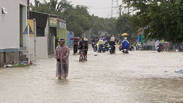 Nước lũ dâng lên đường nối hai xã Phước Nam và Phước Dinh, huyện Thuận Nam - Sputnik Việt Nam