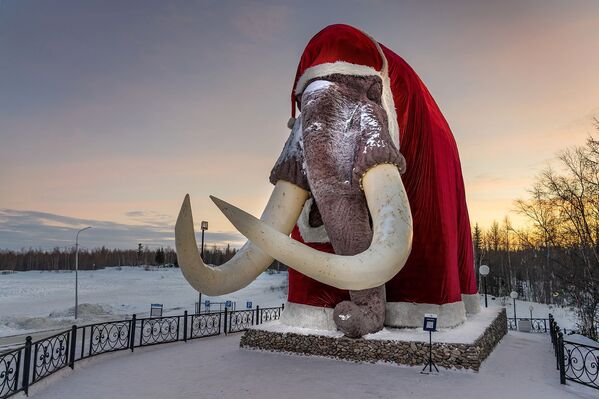 Bức tượng voi ma mút ở lối vào Salekhard được mặc trang phục ông già Noel - Sputnik Việt Nam