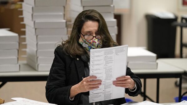 Một nhân viên đeo mặt nạ bảo vệ tại một điểm bỏ phiếu ở Hoa Kỳ ở Thành phố Salt Lake - Sputnik Việt Nam