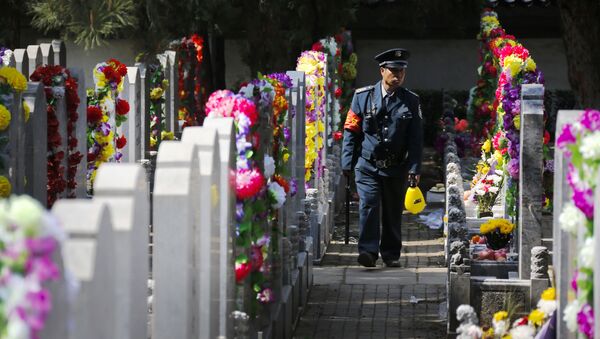 Nhân viên an ninh tại nghĩa trang Bát Bảo Sơn ở Bắc Kinh với súng phun dập tắt những que hương cháy trên các ngôi mộ - Sputnik Việt Nam