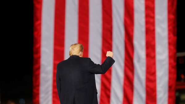 Tổng thống Hoa Kỳ Donald Trump cử chỉ trước một lá cờ Hoa Kỳ trong khi vận động cho Thượng nghị sĩ Đảng Cộng hòa Kelly Loeffler trước cuộc bầu cử sắp diễn ra để quyết định cả hai ghế Thượng viện Georgia, ở Dalton, Georgia, Hoa Kỳ, ngày 4 tháng 1 năm 2021. - Sputnik Việt Nam