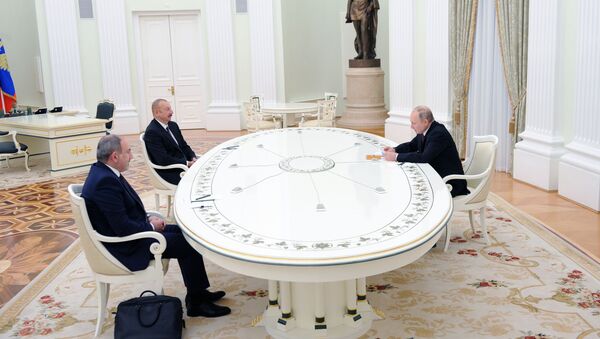 Сuộc gặp giữa Tổng thống Nga Vladimir Putin với Tổng thống Azerbaijan Ilham Aliyev và Thủ tướng Armenia Nikol Pashinyan - Sputnik Việt Nam