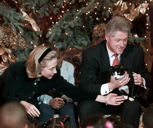 Tổng thống Bill Clinton và phu nhân với chú mèo Socks tại Nhà Trắng, 1996 - Sputnik Việt Nam