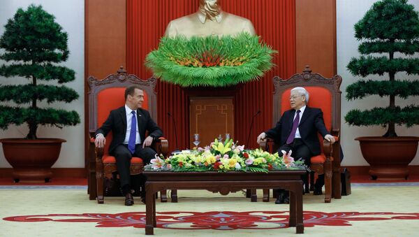 Cuộc gặp giữa Thủ tướng Liên bang Nga Dmitry Medvedev và TBT Đảng Cộng sản Việt Nam Nguyễn Phú Trọng, năm 2018 - Sputnik Việt Nam