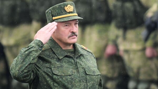Tổng thống Belarus Alexander Lukashenko tại cuộc tập trận chiến lược chung của Belarus và Nga Phương Tây-2017 ở khu vực Minsk - Sputnik Việt Nam