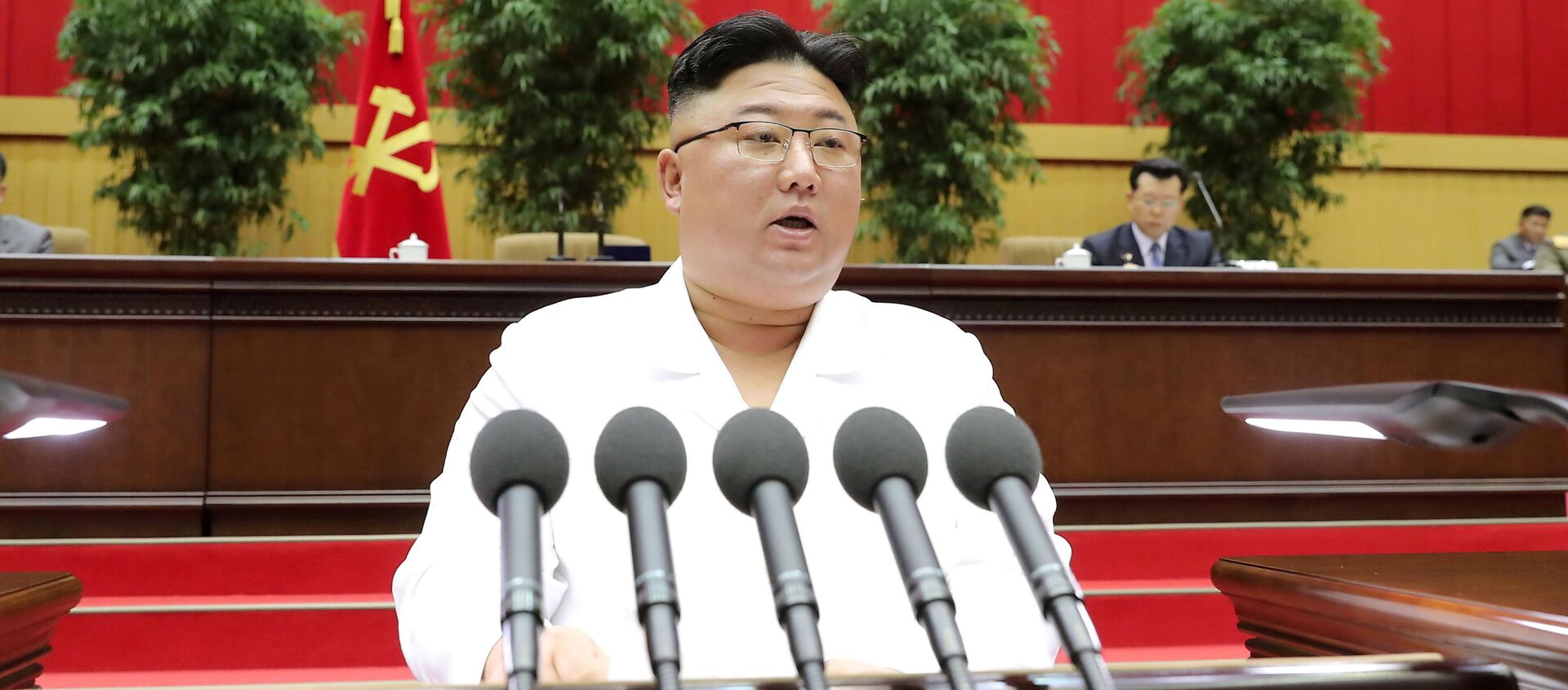 Nhà lãnh đạo Triều Tiên Kim Jong Un phát biểu trước hội nghị các bí thư chi bộ của Đảng Công nhân cầm quyền ở Bình Nhưỡng, trong bức ảnh không ghi ngày tháng được hãng thông tấn trung ương Triều Tiên (KCNA) công bố ngày 7/4/2021. - Sputnik Việt Nam, 1920, 27.05.2021