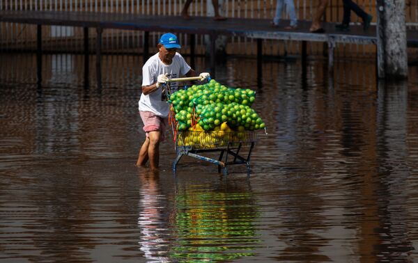 Một người đàn ông đẩy xe trái cây đi xuống con đường ngập lụt ở trung tâm thành phố Manaus, Brazil - Sputnik Việt Nam