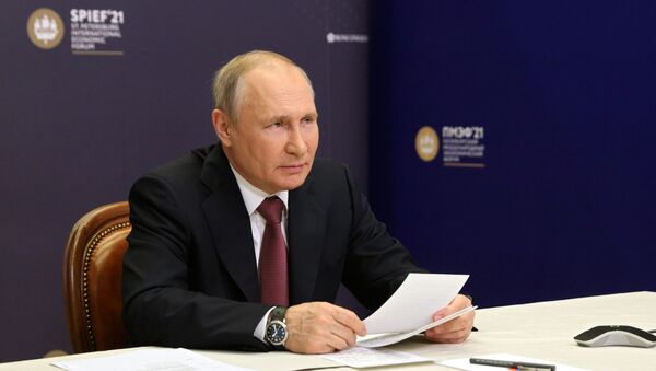 Tổng thống Nga Vladimir Putin phát biểu tại Diễn đàn Kinh tế Quốc tế St.Petersburg năm 2021. - Sputnik Việt Nam
