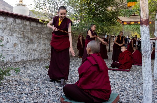 Sinh viên nghỉ giải lao giữa các giờ học tại Học viện Phật giáo ở làng Zhedui, Tây Tạng - Sputnik Việt Nam