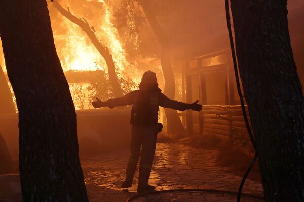 Lính cứu hỏa dập đám cháy rừng ở ngoại ô Varympompi, phía bắc Athens, Hy Lạp - Sputnik Việt Nam