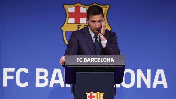 Cầu thủ bóng đá Lionel Messi trong cuộc họp báo ở Barcelona  - Sputnik Việt Nam