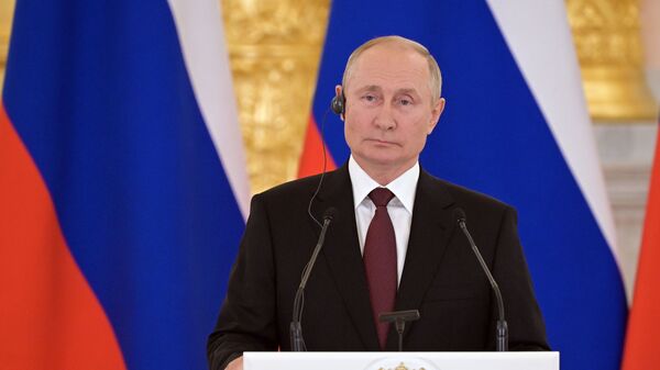 Tổng thống Nga Vladimir Putin trong cuộc họp báo sau cuộc hội đàm với Angela Merkel - Sputnik Việt Nam