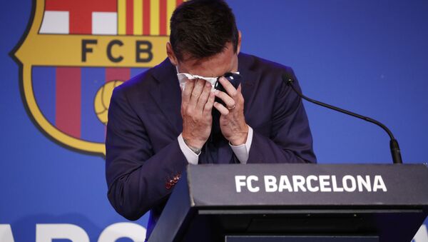 Cầu thủ bóng đá Lionel Messi trong cuộc họp báo ở Barcelona - Sputnik Việt Nam