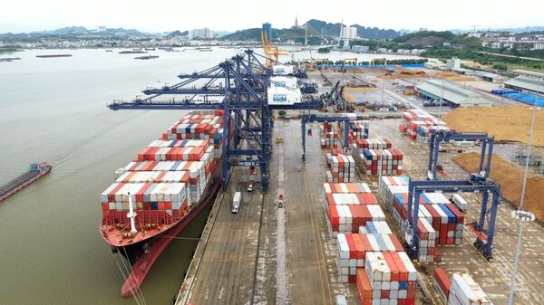 Tàu SYNERGY BUSAN, quốc tịch Marshall Islands có tải trọng trên 50.000 tấn chở theo trên 2.000 vỏ container hãng MAERSK LINE đã cập cảng container quốc tế Cái Lân. - Sputnik Việt Nam