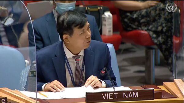 Đại sứ Đặng Đình Quý - Trưởng Phái đoàn đại diện thường trực Việt Nam tại LHQ phát biểu tại phiên họp HĐBA LHQ về tình hình Iraq và hoạt động của Phái bộ LHQ Hỗ trợ Iraq (UNAMI) ngày 25/8/2021. - Sputnik Việt Nam