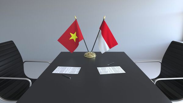Cờ Việt Nam và cờ Indonesia trên bàn đàm phán - Sputnik Việt Nam