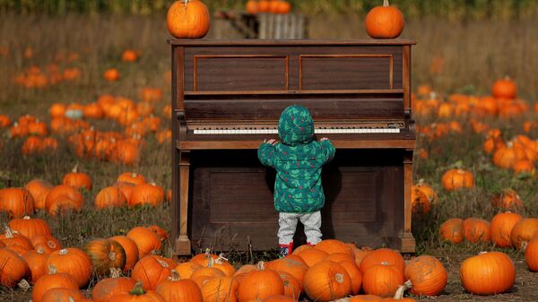 Em bé chơi piano trên cánh đồng bí ngô tại trang trại Pop Up Farm ở Anh trước thềm lễ hội Halloween - Sputnik Việt Nam