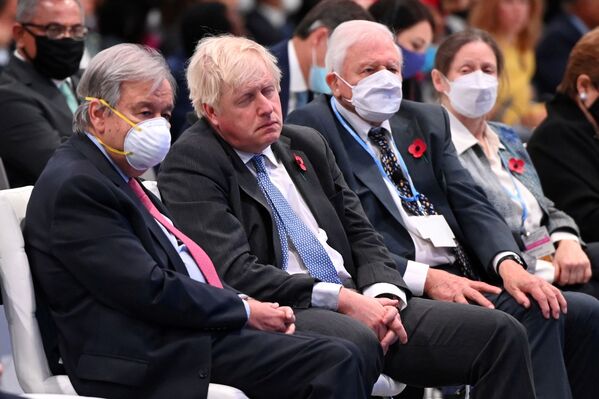 Tổng Thư ký Liên Hợp Quốc Antonio Guterres, Thủ tướng Anh Boris Johnson và Sir David Attenborough tại nghi lễ khai mạc Hội nghị về biến đổi khí hậu của Liên Hợp Quốc ở Glasgow - Sputnik Việt Nam