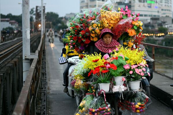 Người phụ nữ đi xe đạp với bó hoa giả ở Hà Nội - Sputnik Việt Nam
