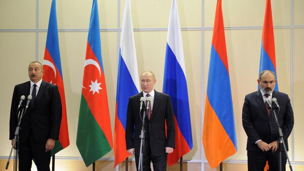 Cuộc đàm phán ba bên giữa Tổng thống Liên bang Nga V.Putin với Tổng thống Azerbaijan I. Aliyev và Thủ tướng Armenia N. Pashinyan - Sputnik Việt Nam
