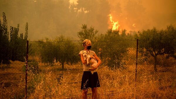Cô gái với con chó trong trận cháy rừng ở Hy Lạp - Sputnik Việt Nam