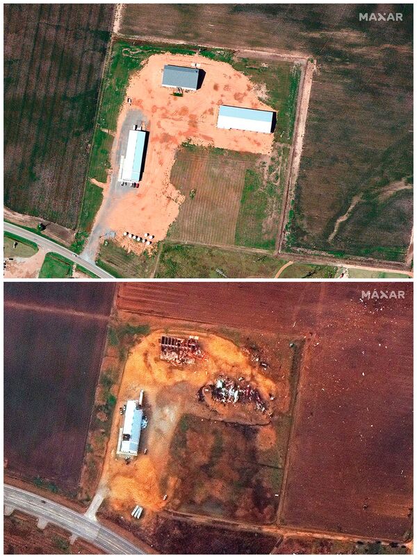 Hình ảnh trang trại trước và sau khi cơn lốc xoáy đi qua địa phận bang Arkansas của Mỹ - Sputnik Việt Nam