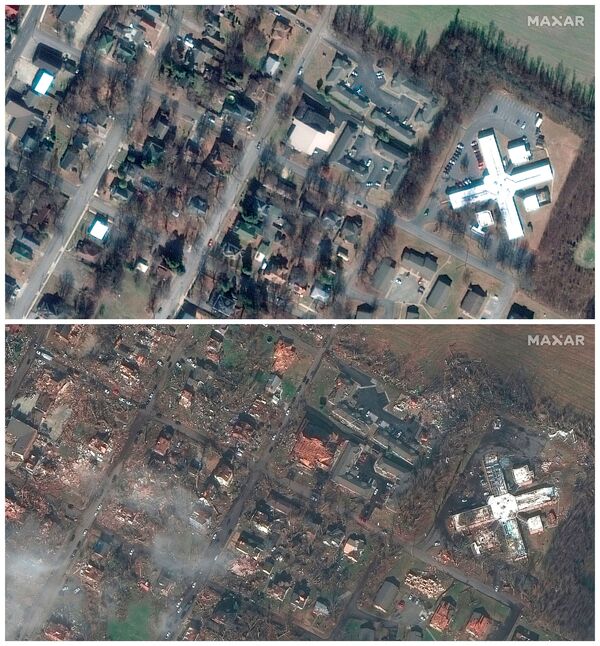 Hình ảnh những ngôi nhà trước và sau khi cơn lốc xoáy đi qua địa phận bang Kentucky của Mỹ - Sputnik Việt Nam