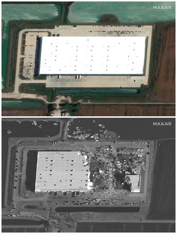 Hình ảnh kho hàng Amazon trước và sau khi lốc xoáy đi qua địa phận bang Illinois của Mỹ - Sputnik Việt Nam