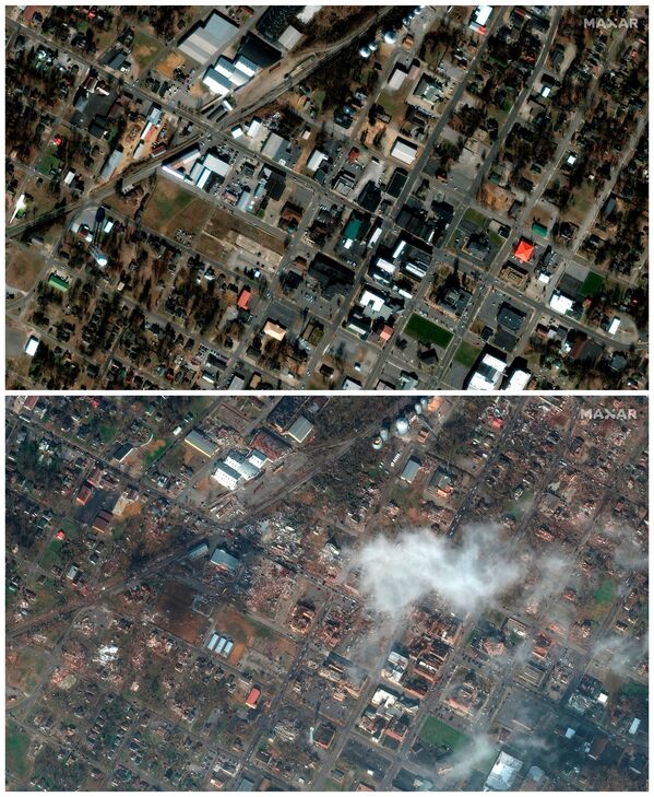 Hình ảnh trước và sau khi cơn lốc xoáy đi qua địa phận bang Kentucky của Mỹ - Sputnik Việt Nam