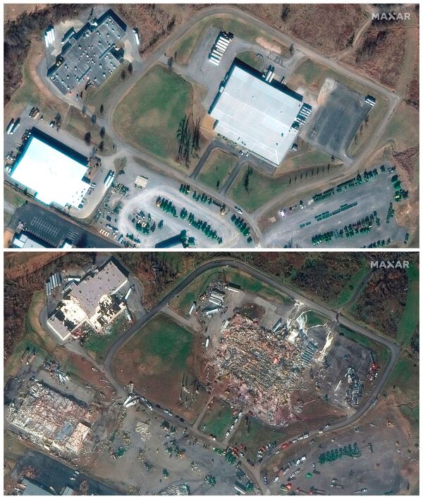 Hình ảnh nhà máy sản xuất nến và các tòa nhà bên cạnh trước và sau khi cơn lốc xoáy đi qua bang Kentucky của Mỹ - Sputnik Việt Nam