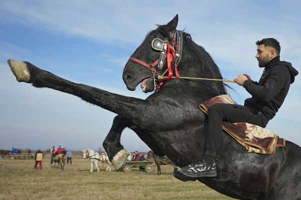 Kỵ sĩ cưỡi ngựa trong Lễ hiển linh ở làng Pietrosani, Romania - Sputnik Việt Nam