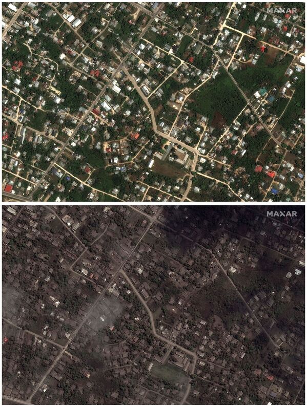 Hình ảnh chụp từ vệ tinh những ngôi nhà trước và sau khi núi lửa Hunga Tonga-Hunga Ha&#x27;apai phun trào - Sputnik Việt Nam