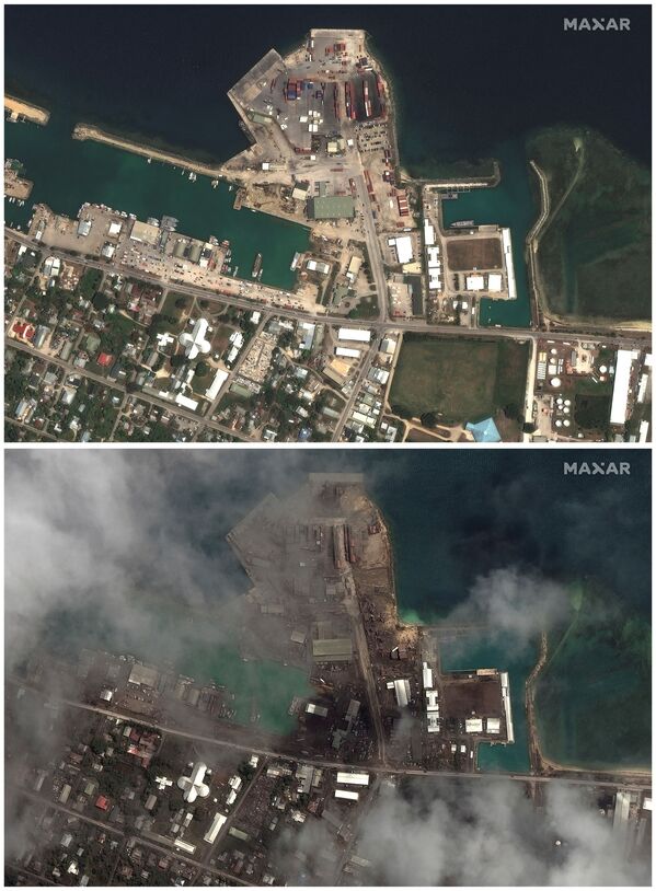 Hình ảnh chụp từ vệ tinh cảng Tonga trước và sau khi núi lửa Hunga Tonga-Hunga Ha&#x27;apai phun trào - Sputnik Việt Nam