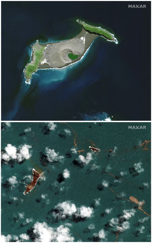 Hình ảnh chụp từ vệ tinh núi lửa ở Tonga trước và sau khi phun trào - Sputnik Việt Nam