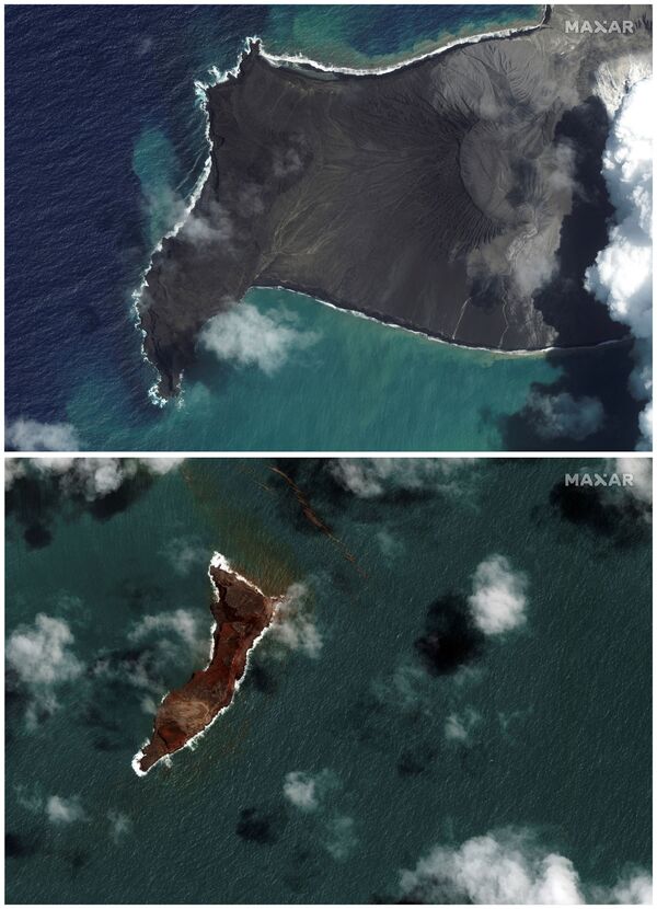 Hình ảnh chụp từ vệ tinh núi lửa Hunga Tonga-Hunga Ha&#x27;apai trước và sau khi phun trào - Sputnik Việt Nam