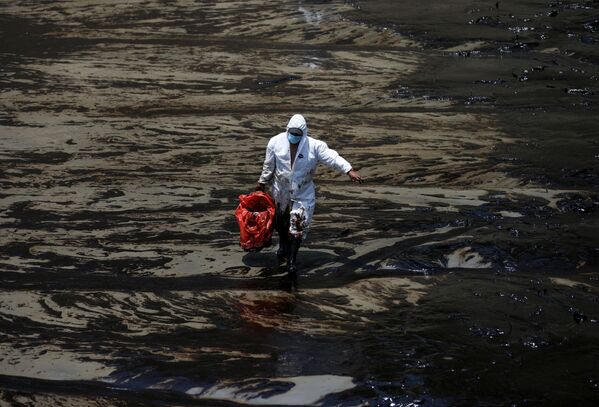 Công nhân làm sạch dầu từ bãi biển ở Ventanilla, Peru - Sputnik Việt Nam