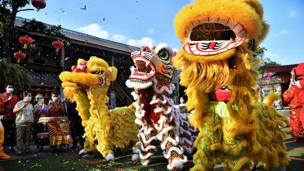 Các vũ công hóa trang thành sư tử biểu diễn trong lễ kỷ niệm Tết Nguyên đán sắp tới ở Bangkok - Sputnik Việt Nam