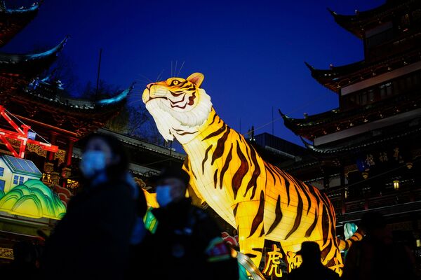 Hình trang trí con hổ chuẩn bị đón Tết Nguyên đán ở Thượng Hải, Trung Quốc - Sputnik Việt Nam