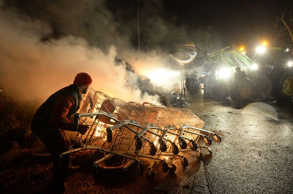 Nông dân đốt cỏ khô bên ngoài siêu thị Auchan trong cuộc biểu tình ở Le Mans, Pháp - Sputnik Việt Nam