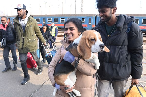 Cô gái với con chó tại ga xe lửa ở biên giới Ukraina và Hungary - Sputnik Việt Nam