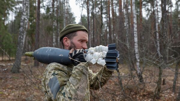 các quân nhân Lực lượng vũ trang Ukraina bên quả đạn súng cối ở tỉnh Kiev - Sputnik Việt Nam