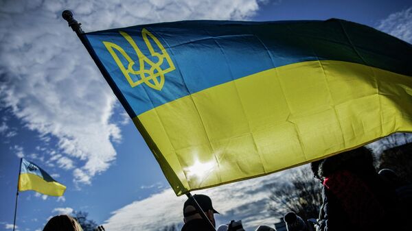 Người Mỹ cắm cờ Ukraina trong cuộc mít tinh ủng hộ Ukraine trước Nhà Trắng ở Washington - Sputnik Việt Nam