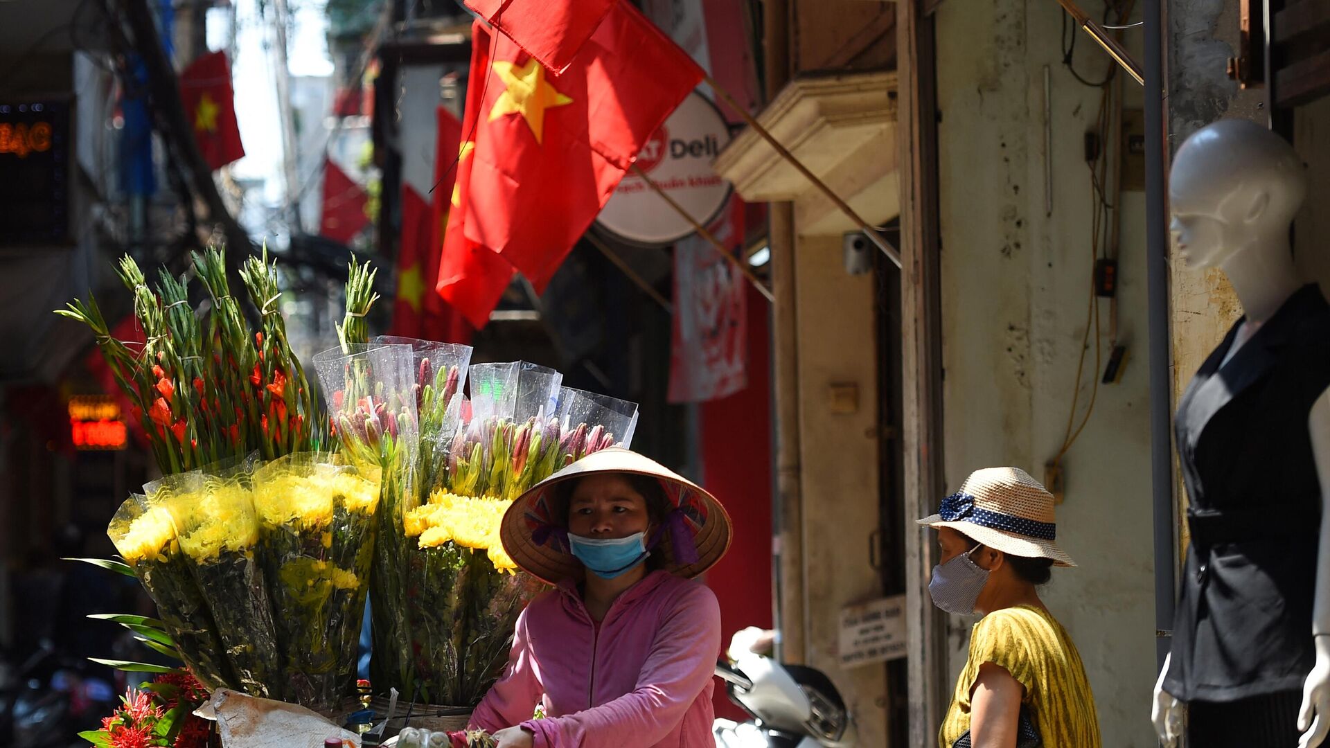 Уличная торговка проходит по аллее, украшенной вьетнамскими национальными флагами, в преддверии празднования Национального дня Вьетнама в Ханое - Sputnik Việt Nam, 1920, 02.05.2022